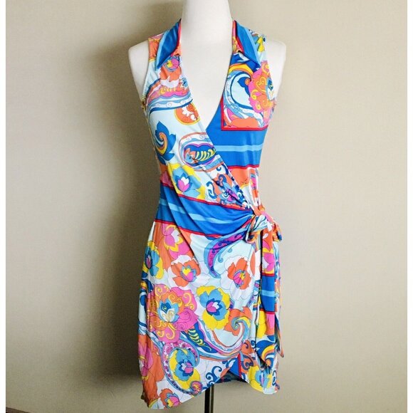 Itzy Sleeveless Jersey Wrap Mini Dress Floral Paisley‎ Print Size Medium - Picture 1 of 8
